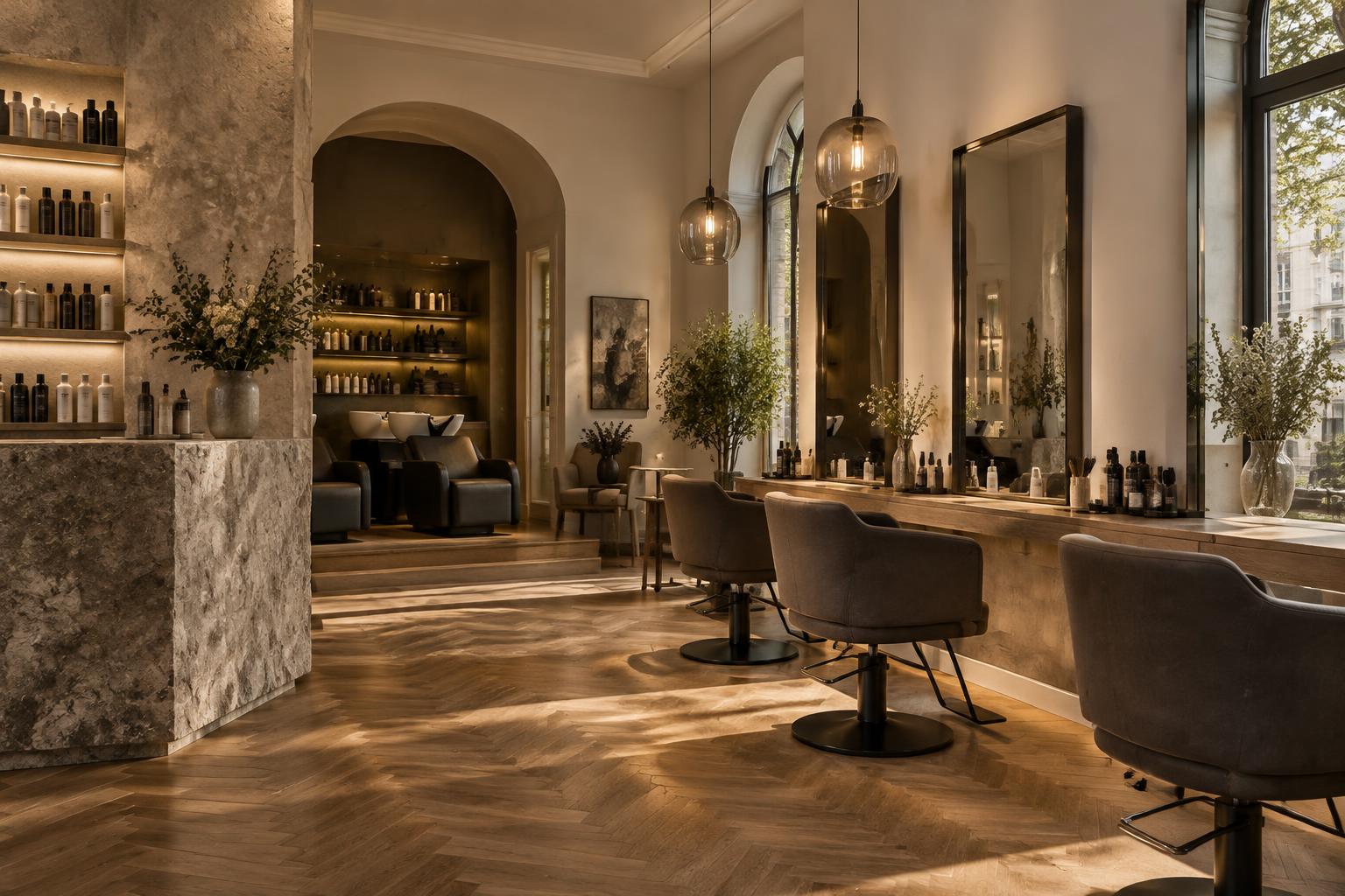 Warmer, hochwertiger Friseursalon mit großzügigen Spiegeln